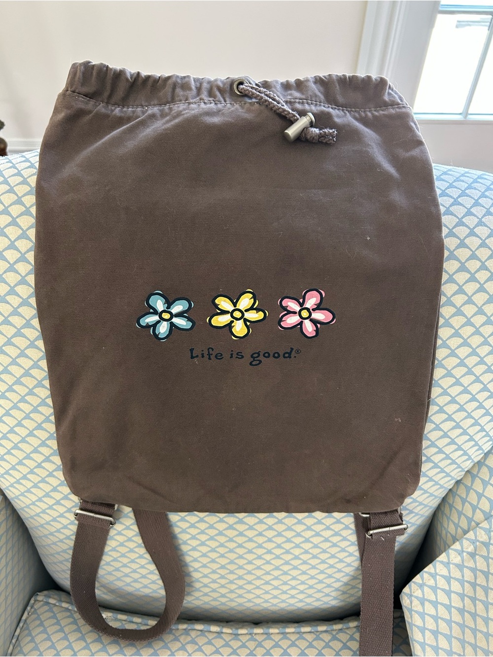 Life is Good Brown Drawstring Cinch Backpack